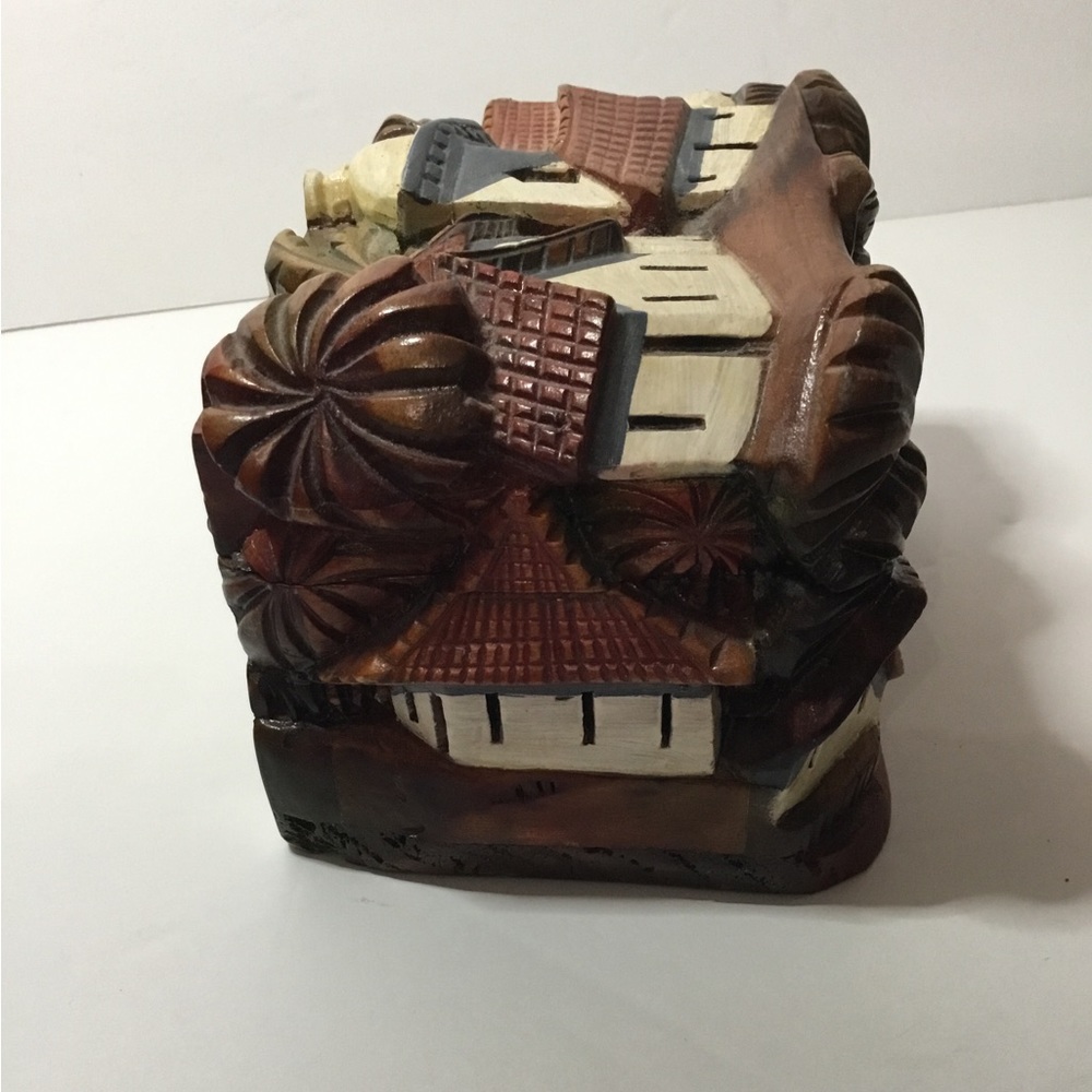 Fabulous Vintage Wooden Carved Jewelry/Trinket Box With Tropical Landscape. Rare - Picture 4 of 6